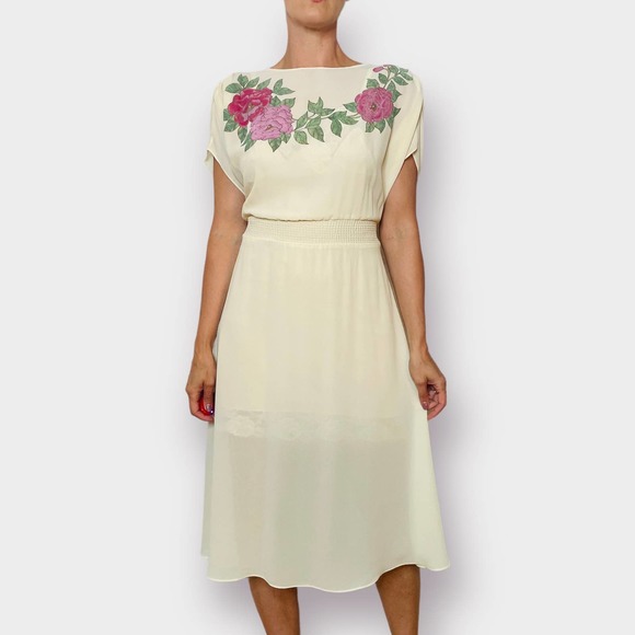 80s My Colours Cream Sheer Dress with Floral Top - Picture 2 of 5